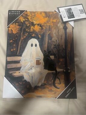District Ghost & Black Cat Bench Wall Art - Orange, Black, White